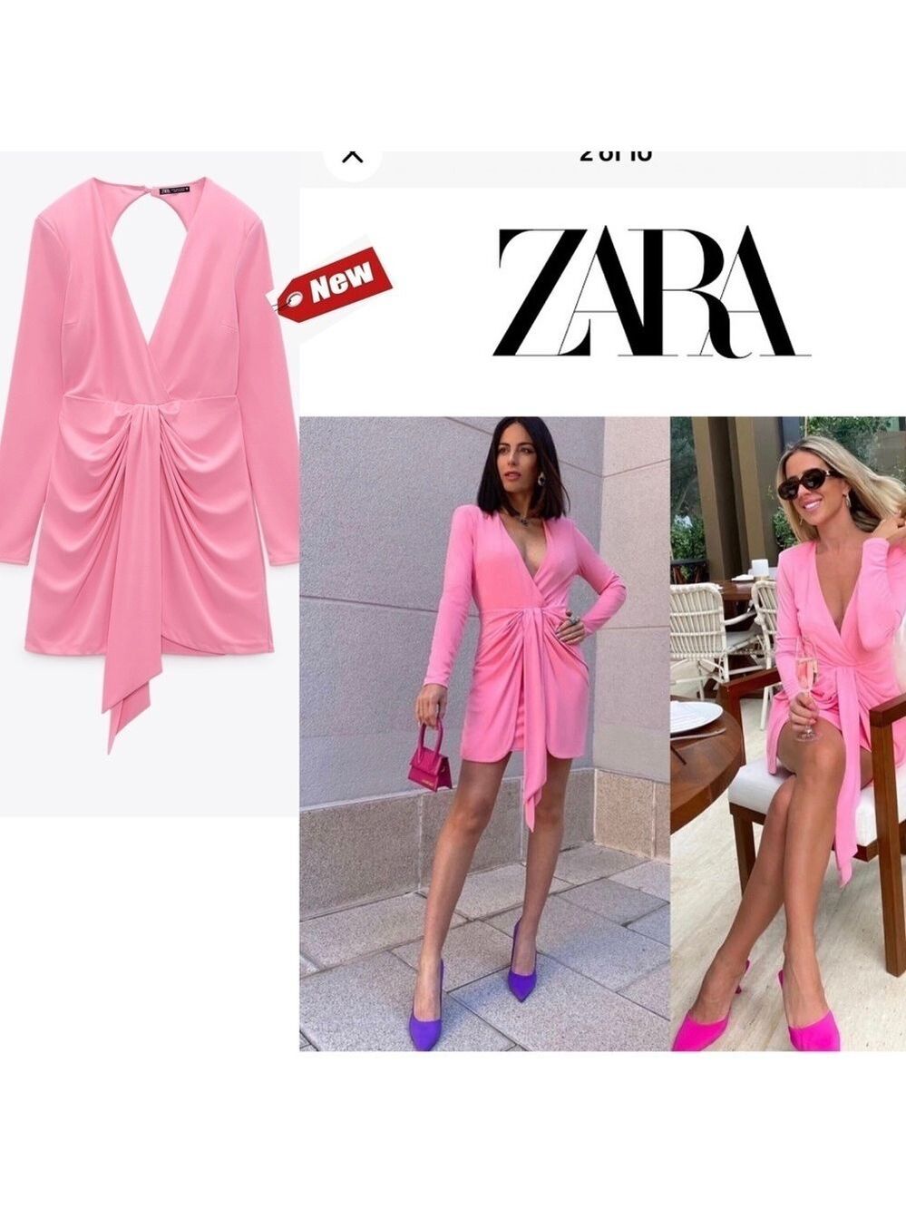ZARA WOMENS PINK MINI DRAPED KNOTTED V-NECK LONG SLEEVE DRESS NWT M blogger fave